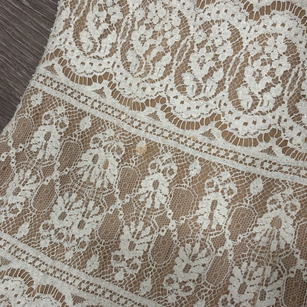 VTG 90s NiteLine White Lace Beaded Tan Mini Dress 2 Bridal Goth Witchy Coquette - Picture 15 of 16